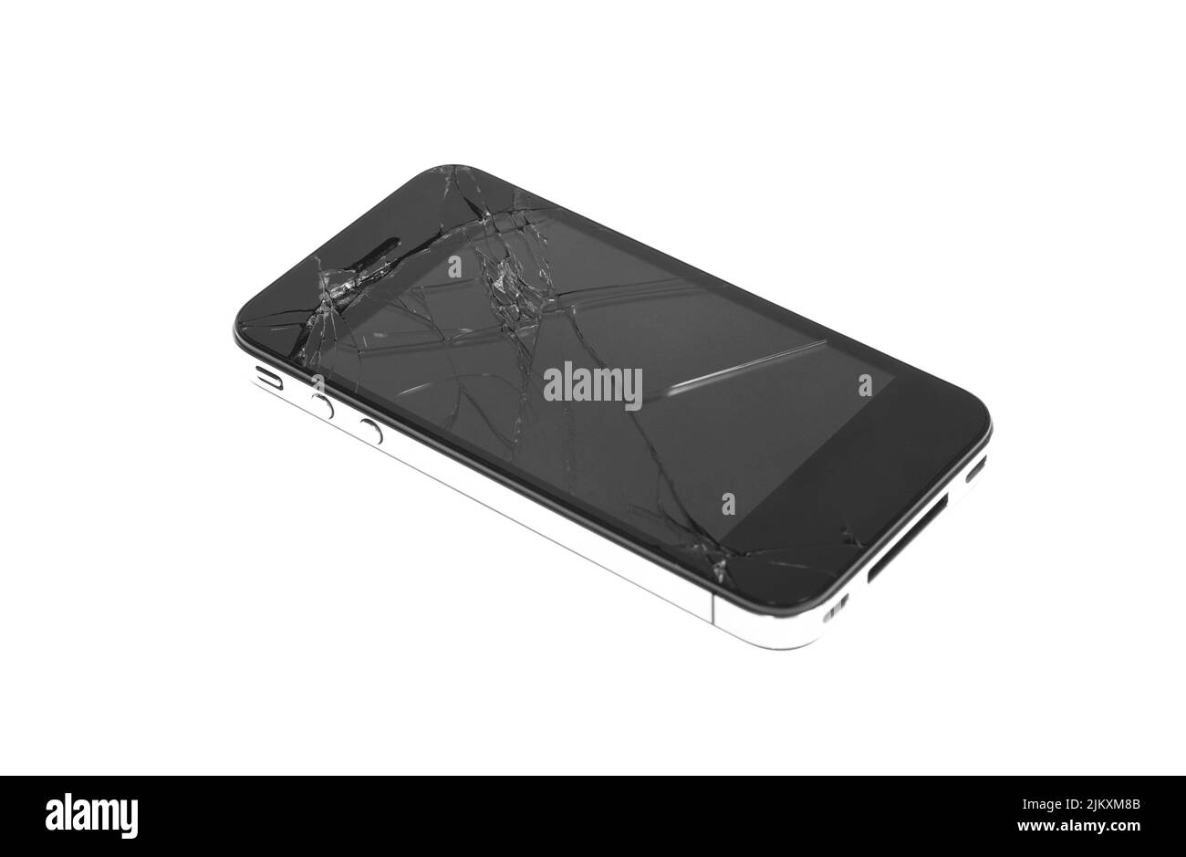 Broken damaged smart phone isolated on white background. Stock Photo