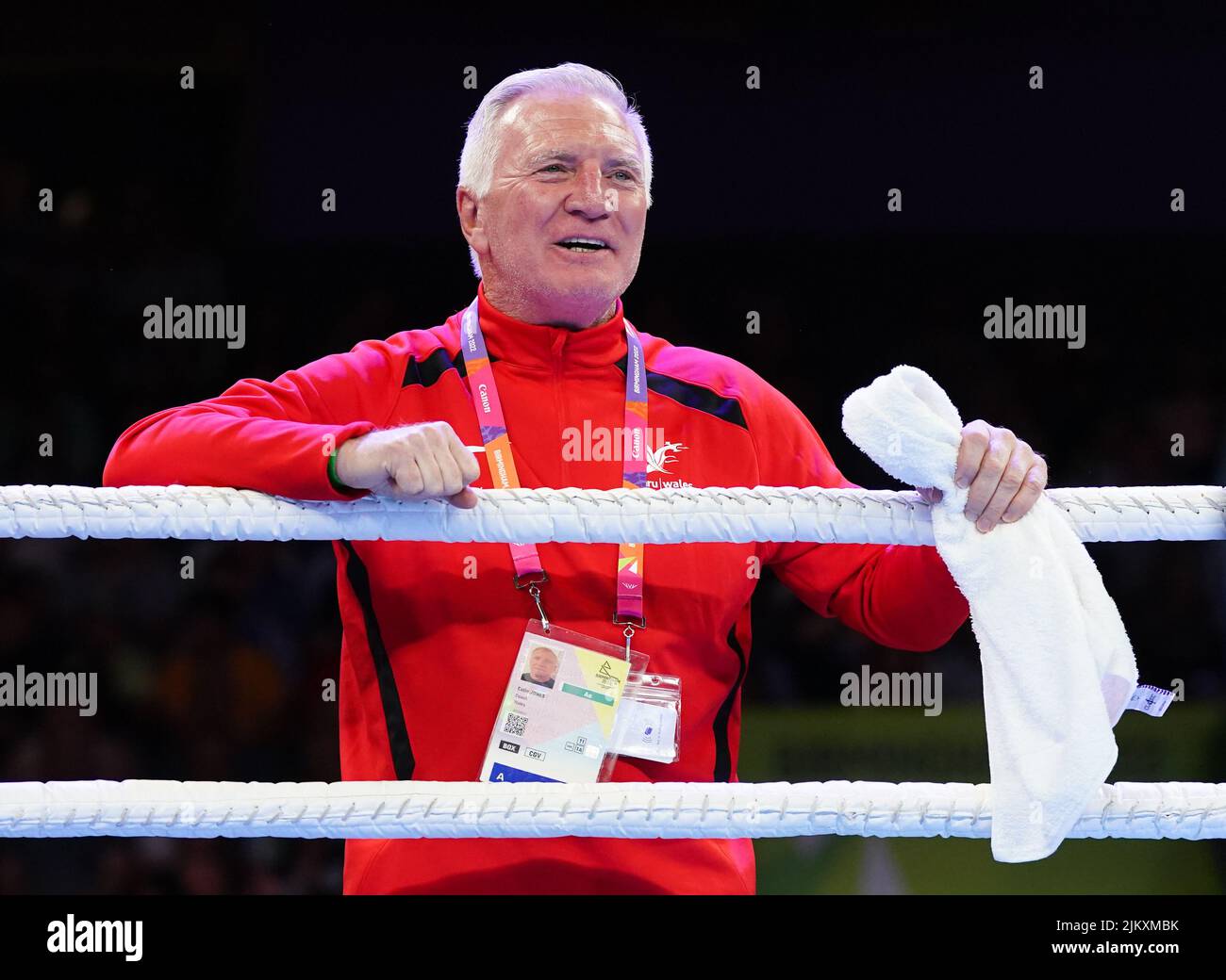 Wales' Head Boxing coach Colin Jones celebrates following the Women’s Over 66kg-70kg (Light Middle) - Quarter-Final 4 at The NEC on day six of the 2022 Commonwealth Games in Birmingham. Picture date: Wednesday August 3, 2022. Stock Photo