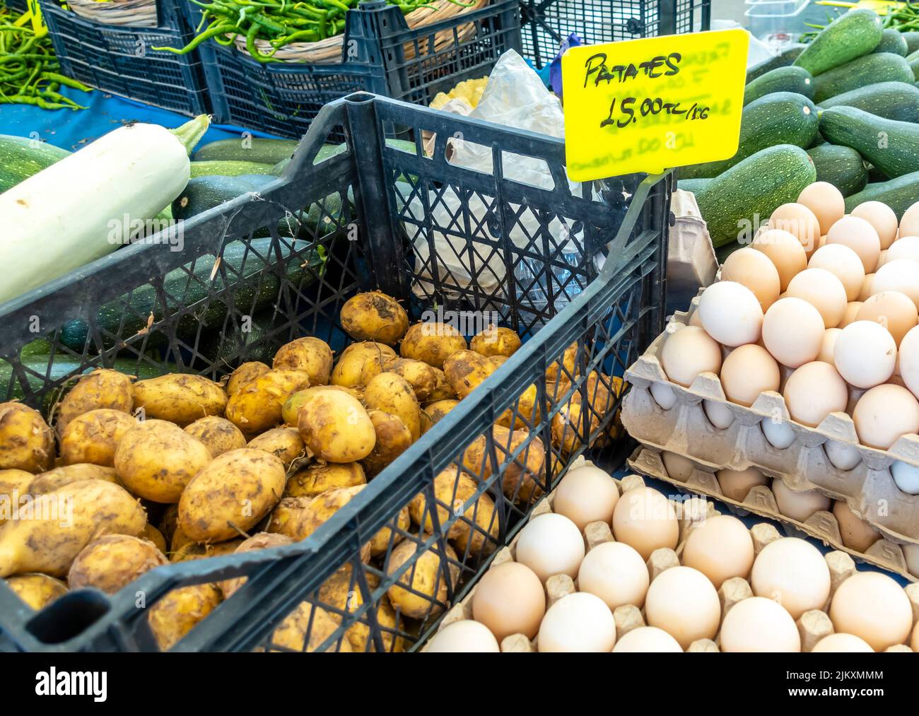 Eggs and potatoes sold at Tuesday market (Salı Pazarı) in Istanbul, Turkey Stock Photo