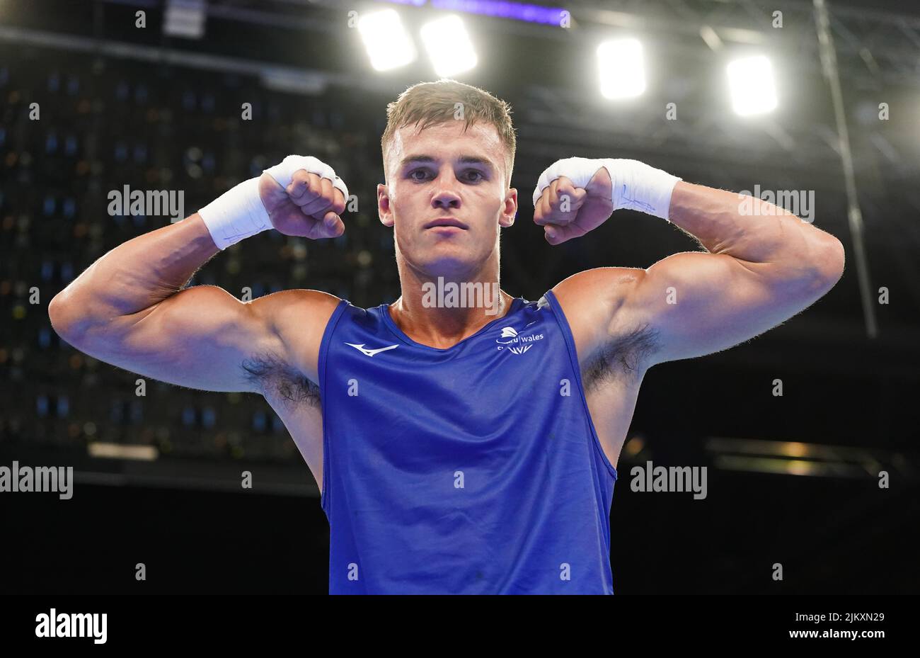 Wales' Taylor Bevan celebrates victory over Jamaica's Jerone Ennis in the Men’s Over 75kg-80kg (Light Heavyweight) - Quarter-Final 4 at The NEC on day six of the 2022 Commonwealth Games in Birmingham. Picture date: Wednesday August 3, 2022. Stock Photo