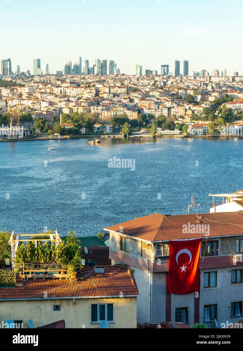 Scenic top view of Balat neighborhood and Golden horn, Fatih, Istanbul, Turkey, European side Stock Photo