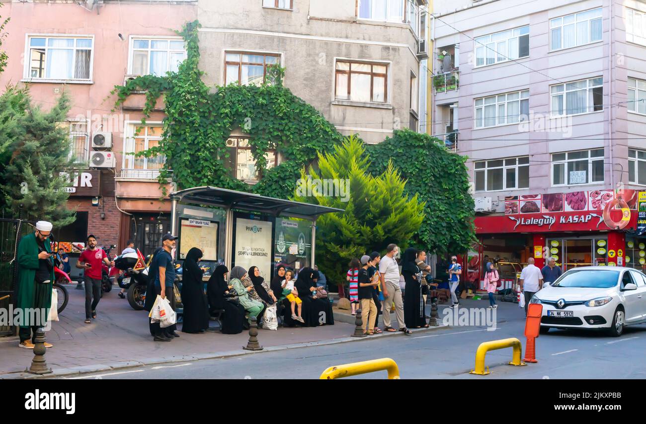 Bust stop on Manyasizade Cd. street, Balat neighborhood and Golden horn, Fatih, Istanbul, Turkey, European side Stock Photo