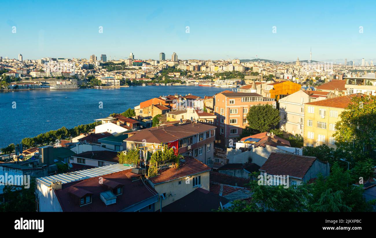 Scenic top view of Balat neighborhood and Golden horn, Fatih, Istanbul, Turkey, European side Stock Photo