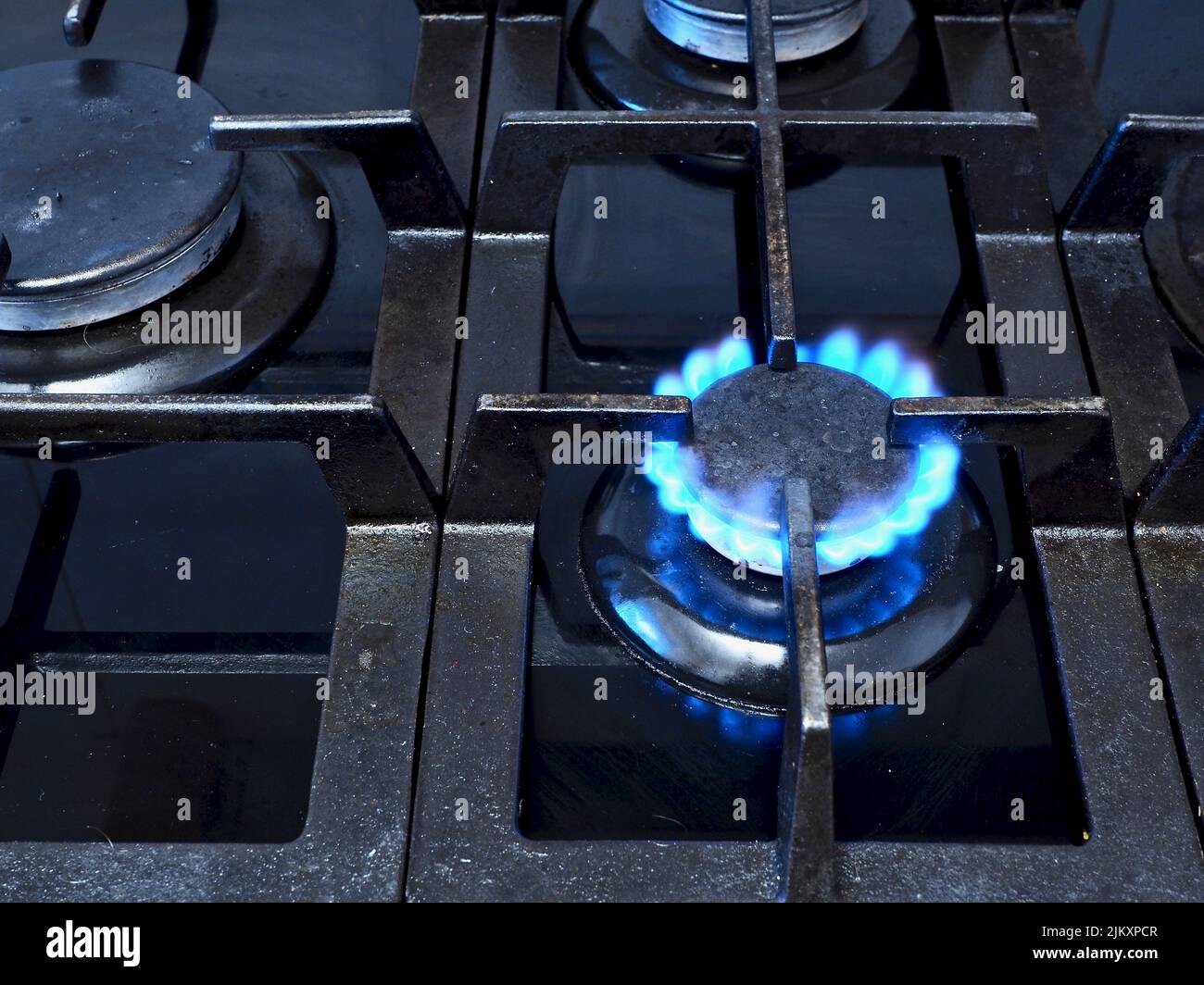 gas hob viewed from above on a domestic kitchen stove Stock Photo