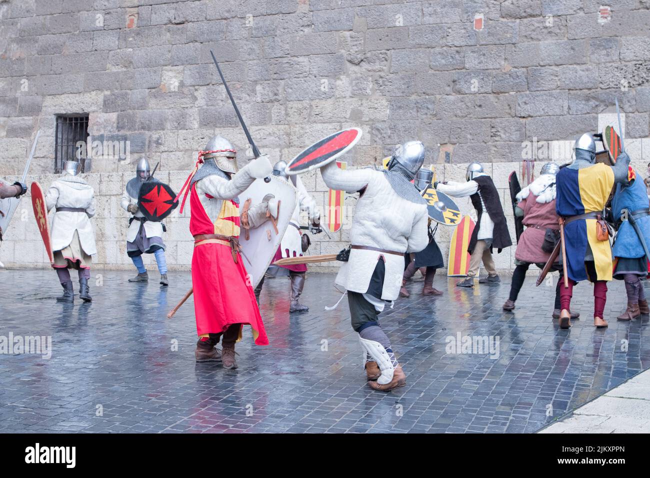 Combate medieval en una representacion Stock Photo