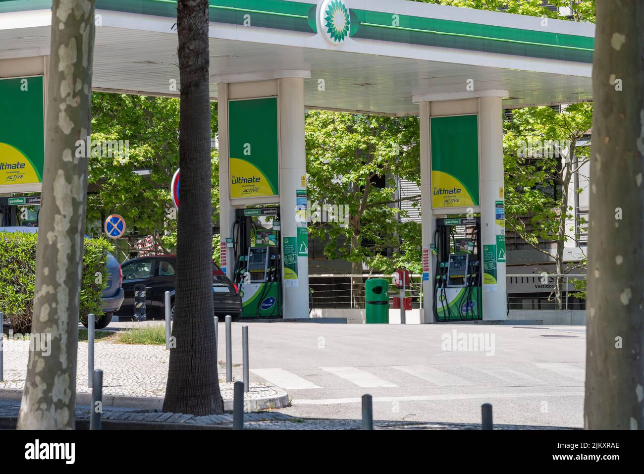 The BP petrol station with green and yellow design. Lisbon, Portugal Stock Photo