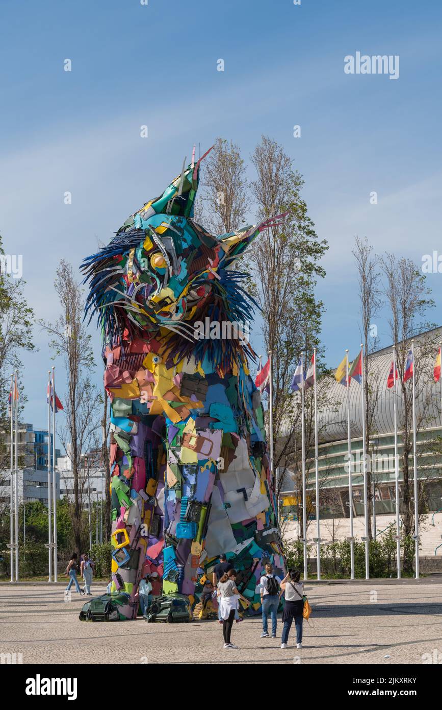 A beautiful shot of a giant colorful Iberian lynx sculpture