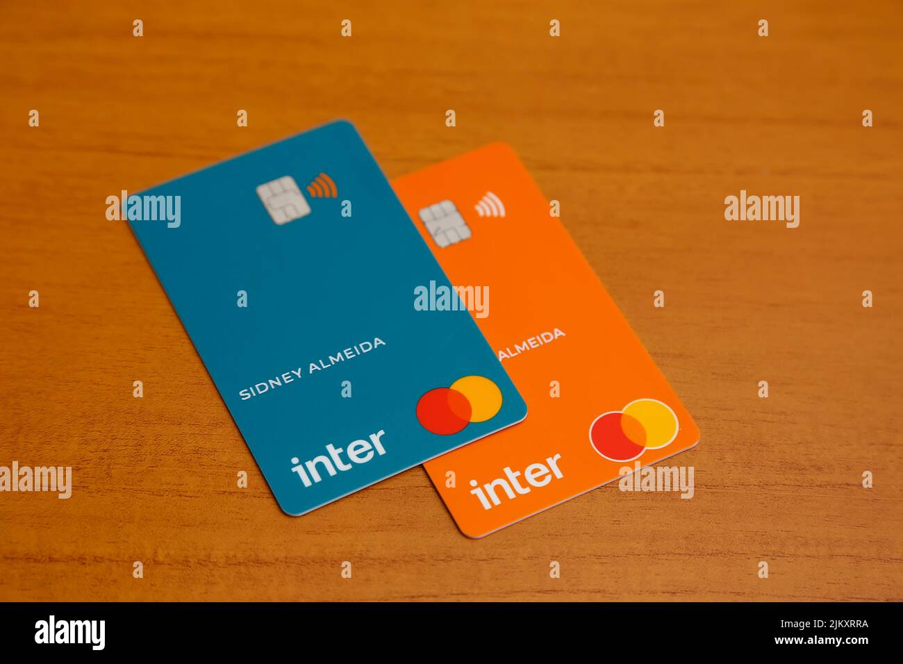 Minas Gerais, Brazil - July 09, 2022: Inter bank logo credit card and Mastercard brand Stock Photo