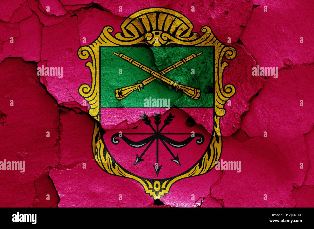 flag of Zaporizhzhia painted on cracked wall Stock Photo