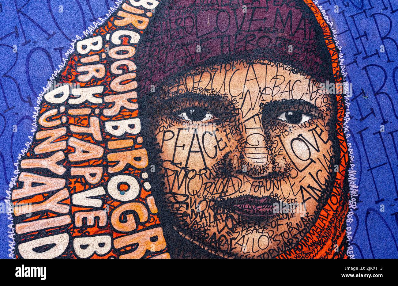 Mural by artist Highero depicting Pakistani Nobel peace prize winner Malala Yousafzai. Moda street, Kadikoy, Istanbul, Turkey Stock Photo