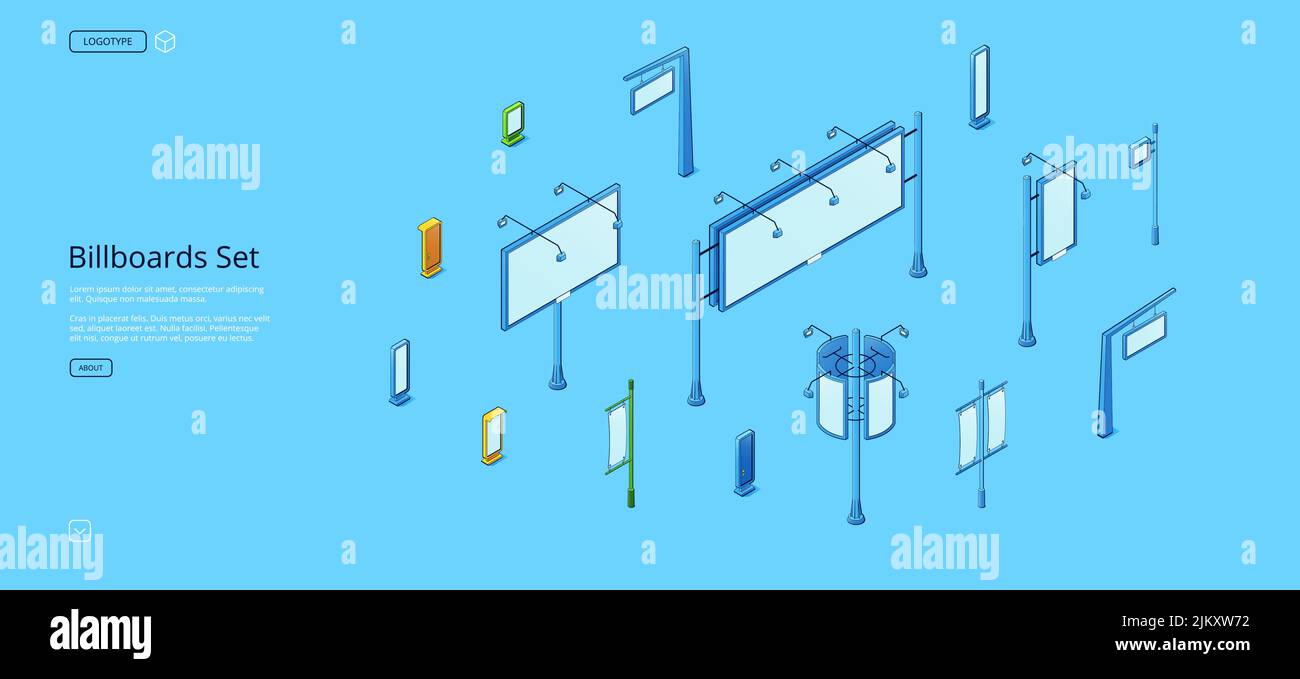 Billboards isometric web banner. Set of street signboards, stalls ...