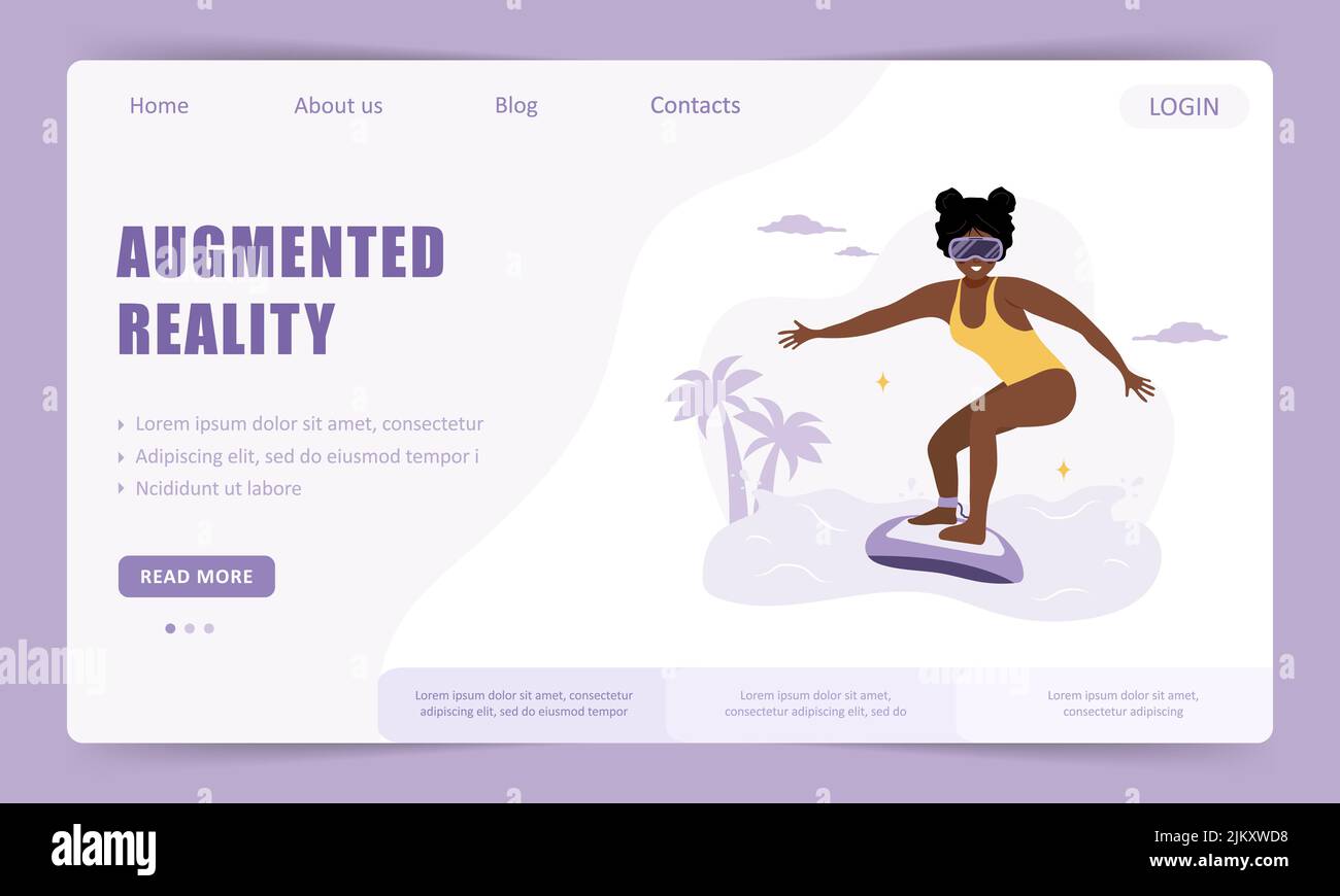 Augment reality landing page template. African woman in VR glasses surfing on waves. Metaverse or Cyberspace concept. Modern technology entertainment Stock Vector