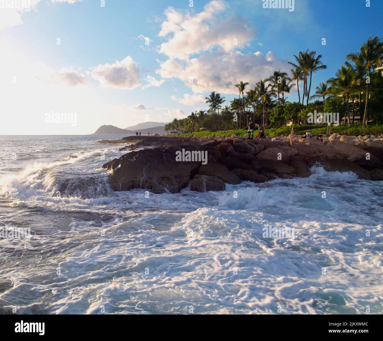 Foamy Pacific Ocean waves from the west side of Oahu in Hawaii Stock Photo