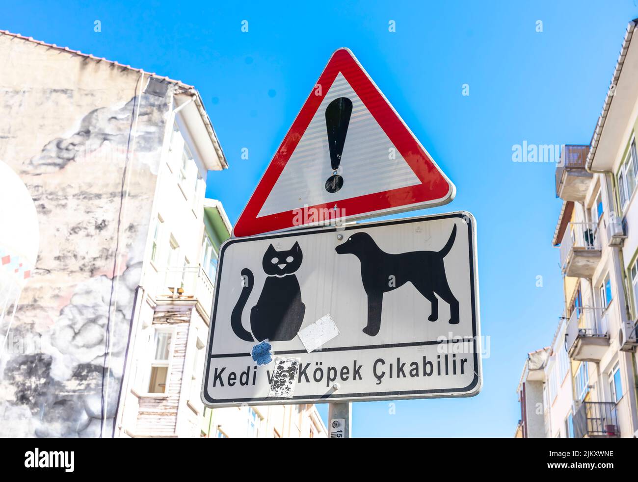 Road warning sign warning of dogs and cats crossing the roads in