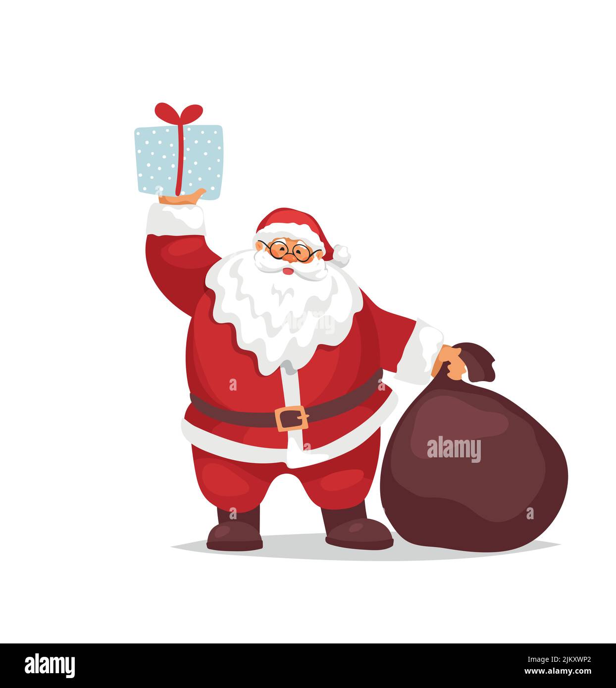 Santa Claus holding a gift and a big bag of gifts icon. Vector ...