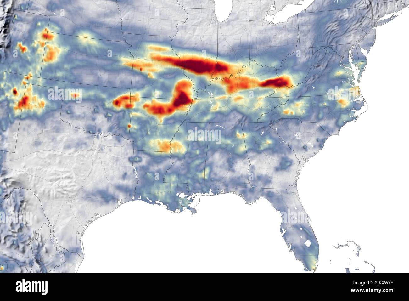 Usa. 2nd Aug, 2022. July 25 - 31, 2022. Record-breaking rainfall brought devastating flash floods and landslides to Missouri, Kentucky, and other parts of the central United States in the last week of July 2022. As noted previously by the Intergovernmental Panel on Climate Change and the American Meteorological Society, extreme precipitation events and weather are becoming more likely with climate change. The map above depicts a satellite-based estimate of rainfall from July 25-31, 2022. The darkest reds reflect the highest rainfall amounts, with broad swaths of Missouri, Arkansas, Illinois Stock Photo