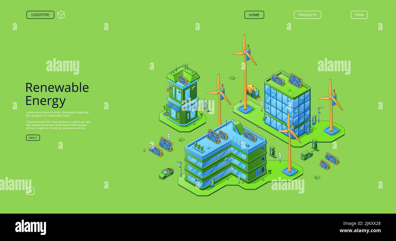 Renewable energy isometric landing page. Clean power, sources of green ...