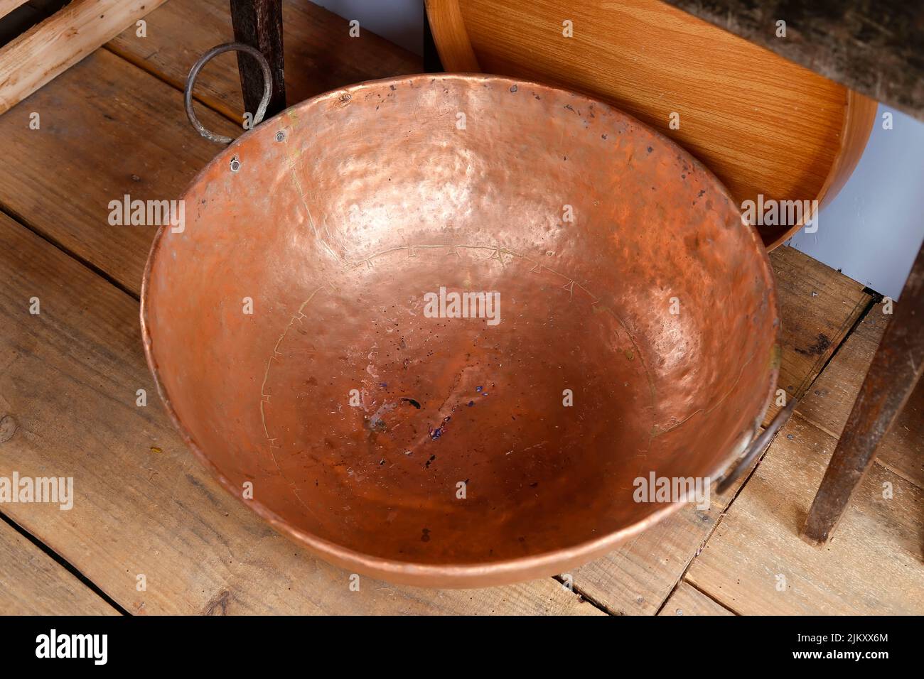 traditional copper pot - large metal pot, metal round pan Stock Photo
