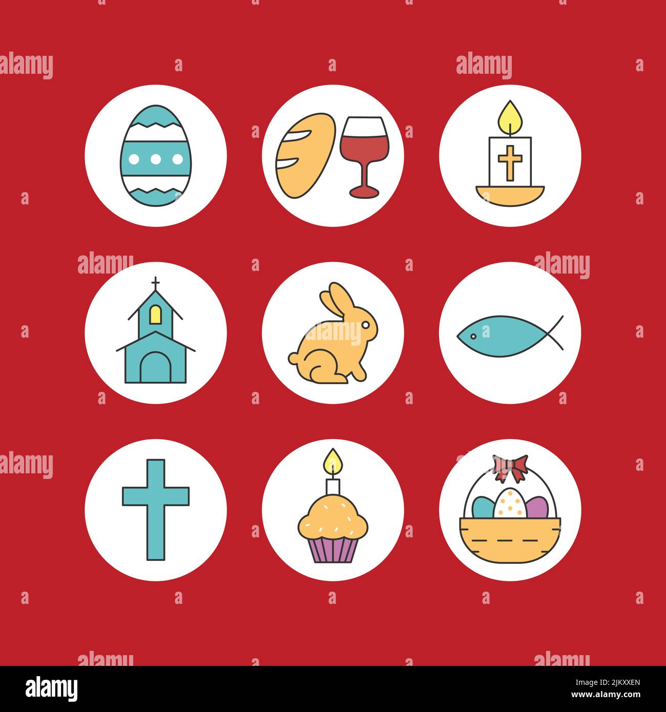 Christmas icons with white circle button set on red background including church, cross, cakes, easter egg etc. Stock Vector