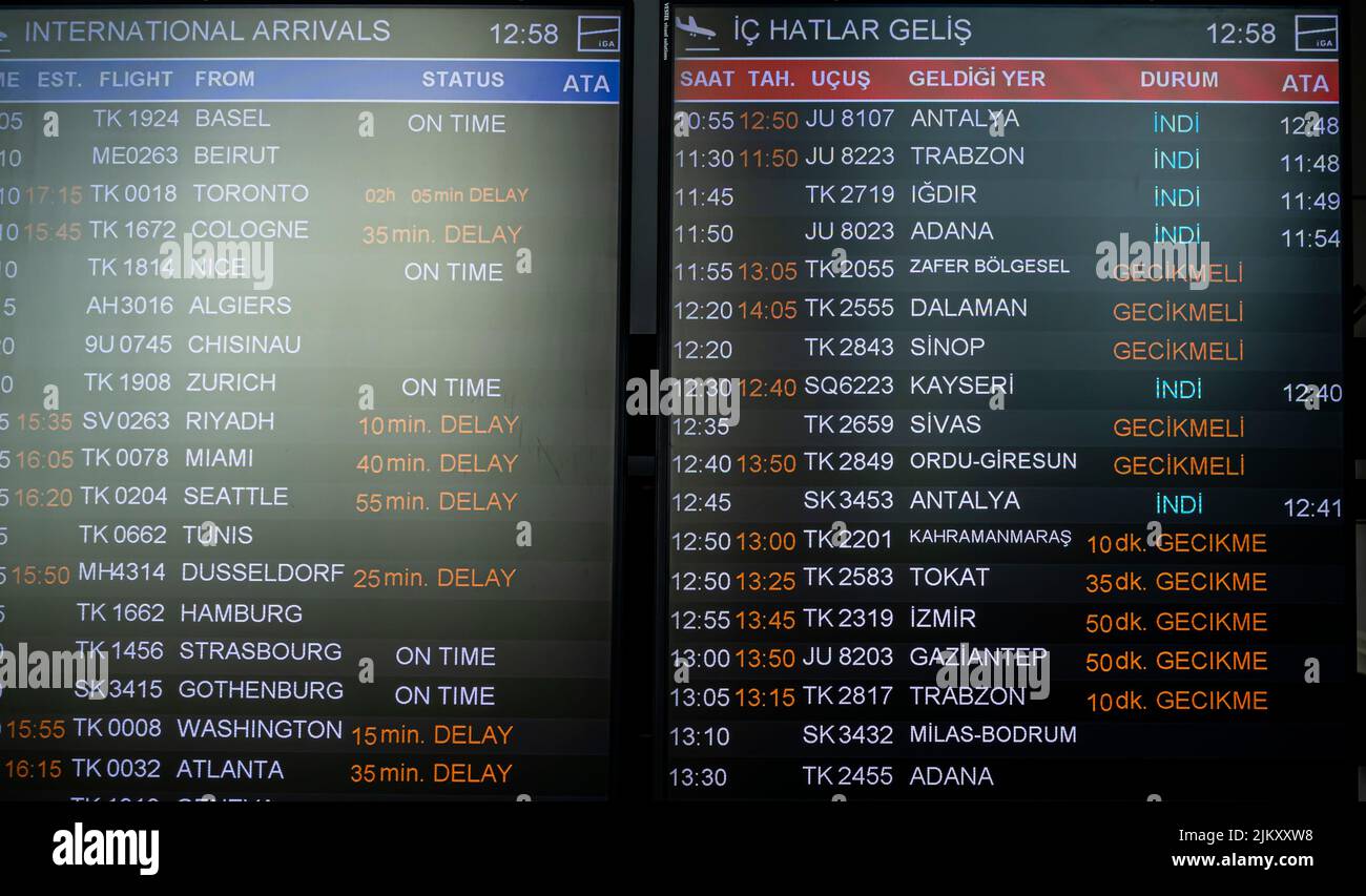 Departures information display with domestic and international flights