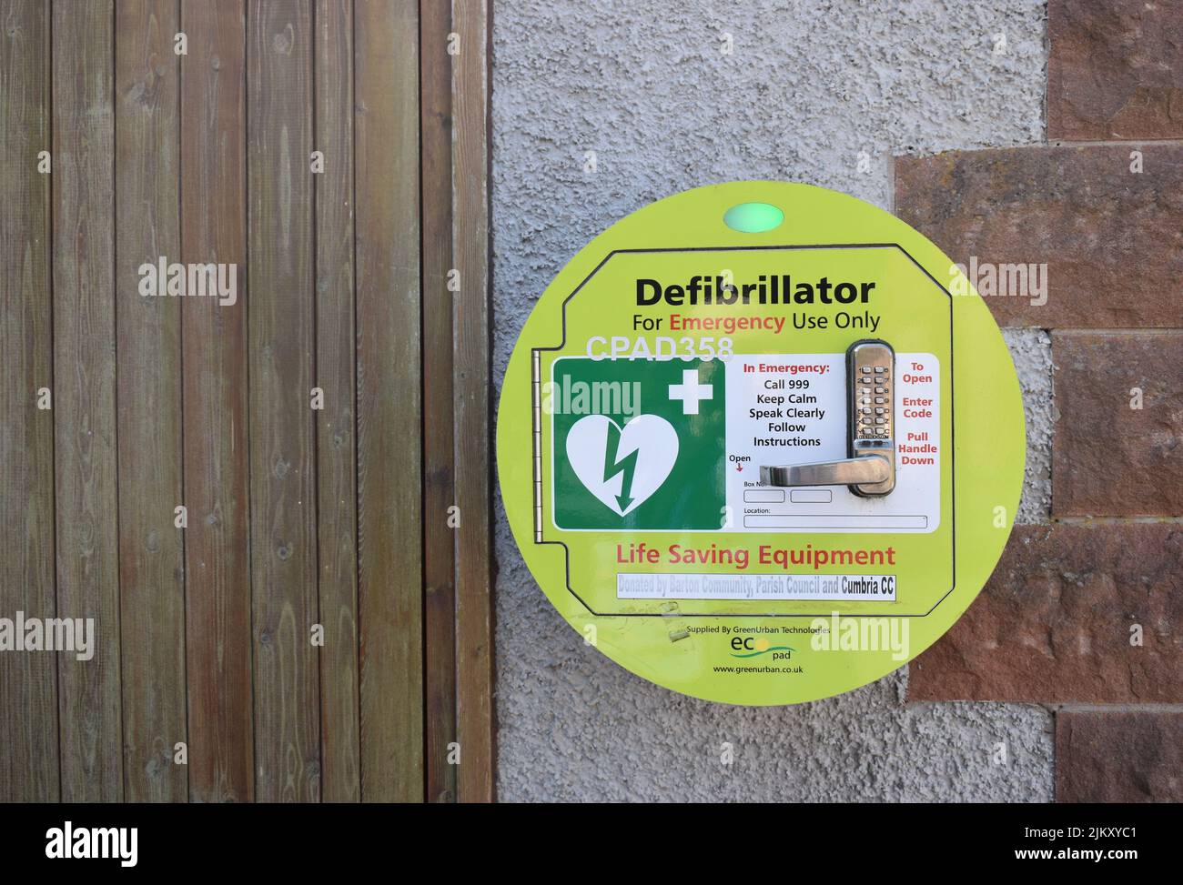 A public access defibrillator in the Lake District National Park. Stock Photo