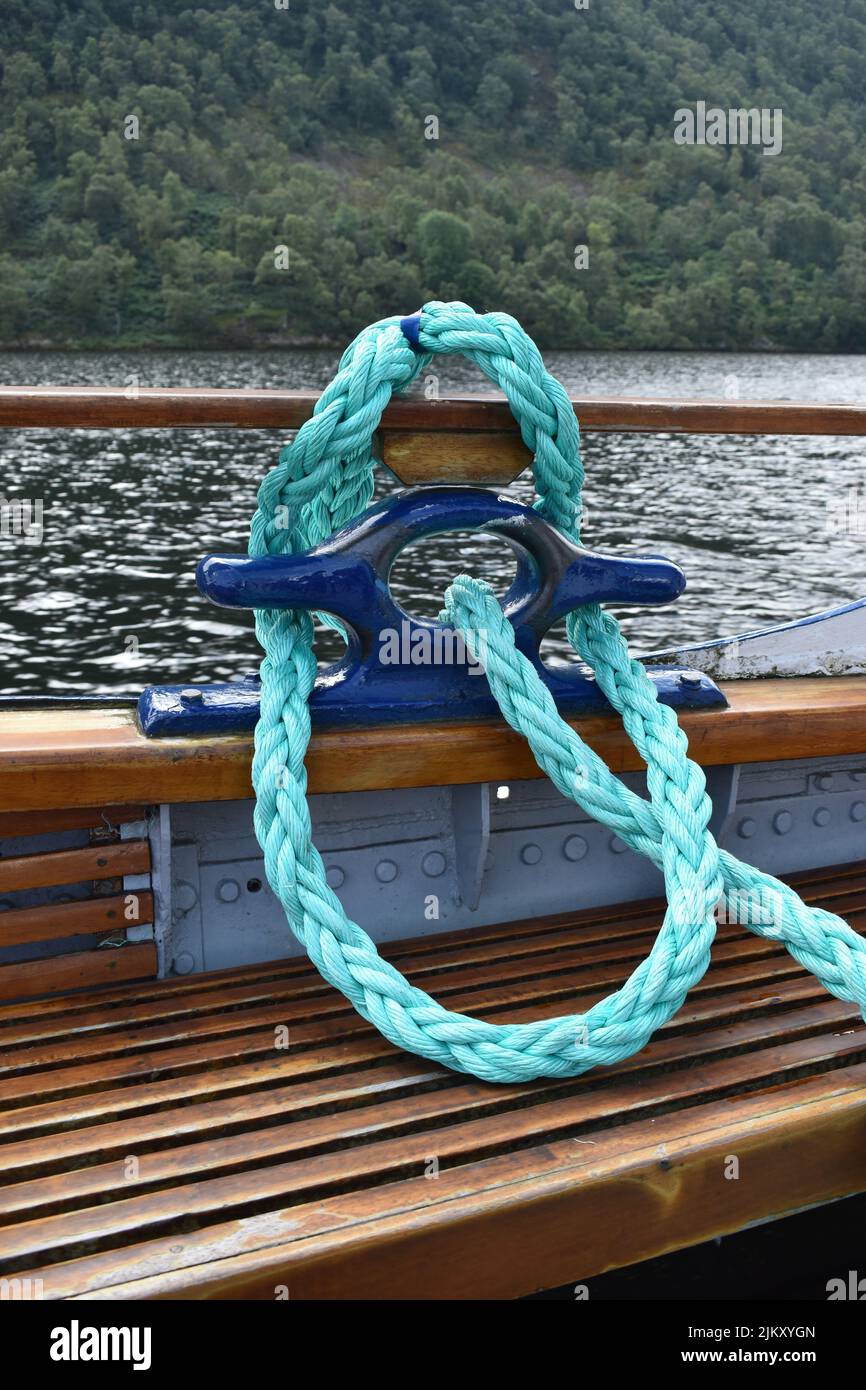 Coiled mooring rope on board the Lady of the Lake steamer on Ullswater. Stock Photo