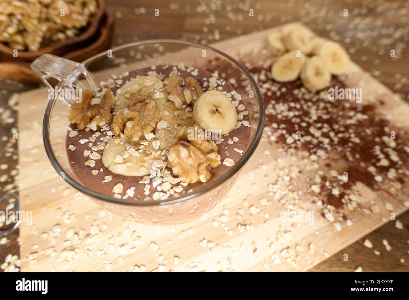 A closeup shot of the smoothie banana cacao with walnuts Stock Photo