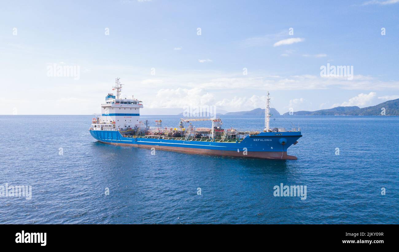 Tanker vessel Kefalonia anchored at Chaguaramas anchorage. Tanker Kefalonia aerial photo. Stock Photo