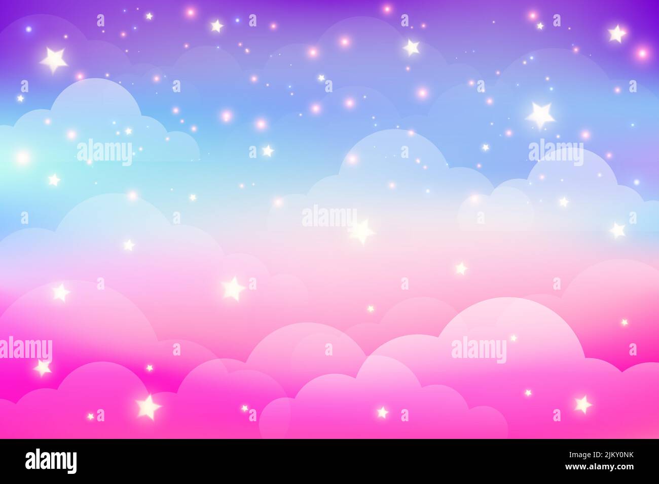 Rainbow unicorn background with clouds and stars. Pastel color sky. Magical landscape, abstract fabulous pattern. Cute candy wallpaper. Vector. Stock Vector