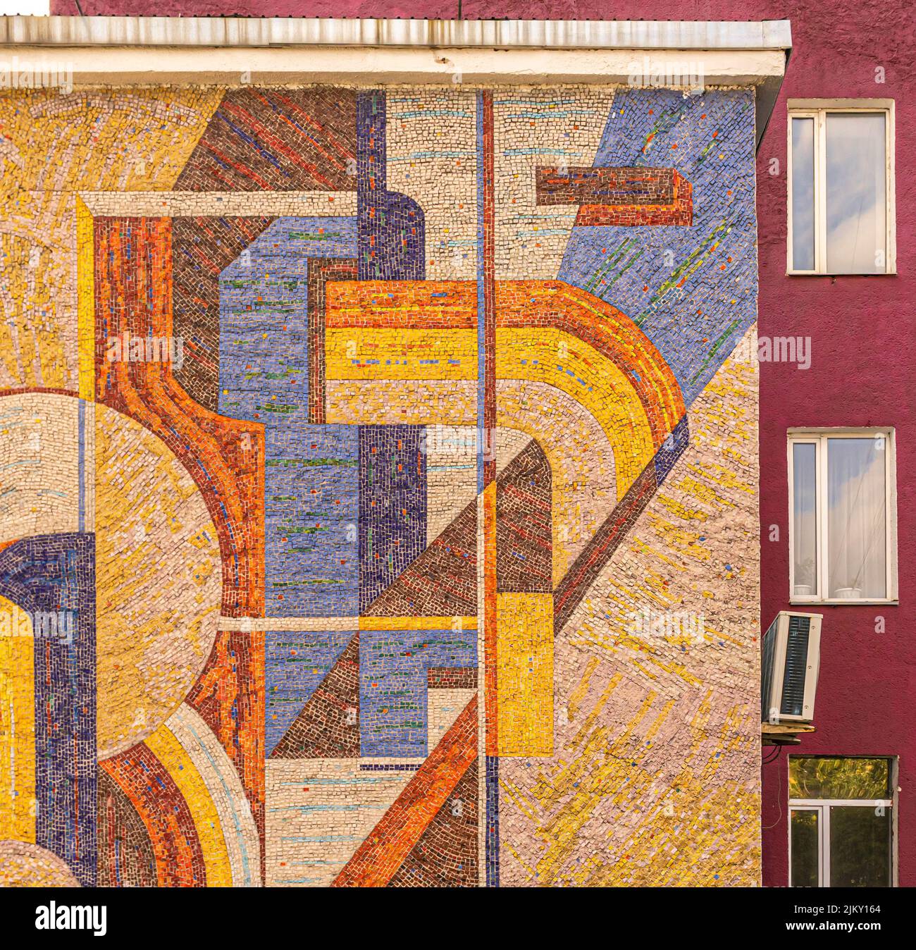 Kazakh tiled mural with abstract geometrc pattern. Karaganda, Kazakhstan Stock Photo