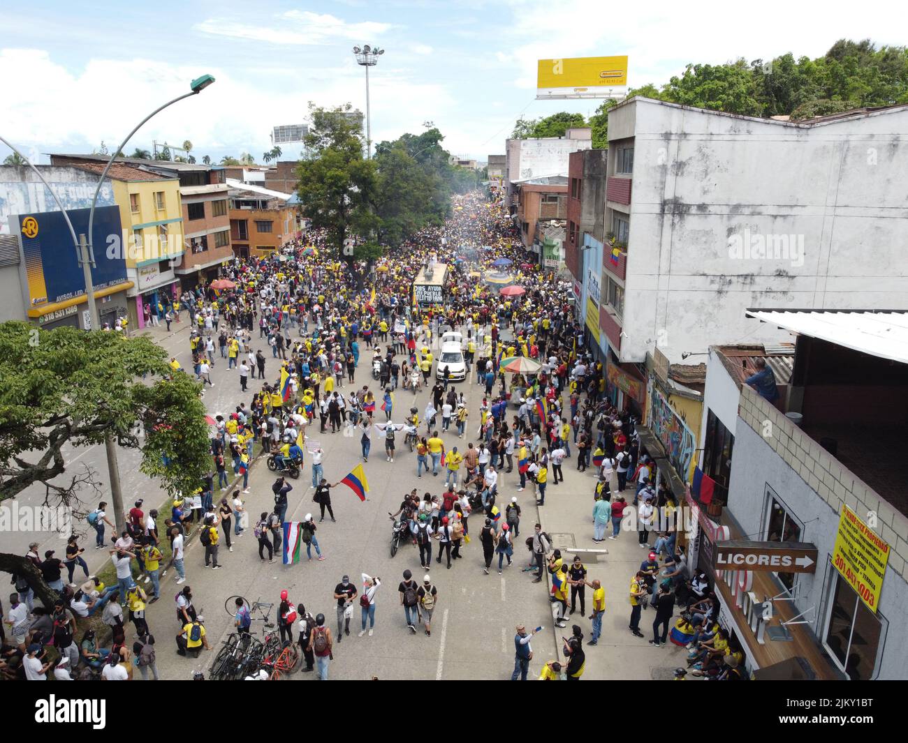 An aerial view of a crowd during a demonstration in Cali, Colombia Stock Photo