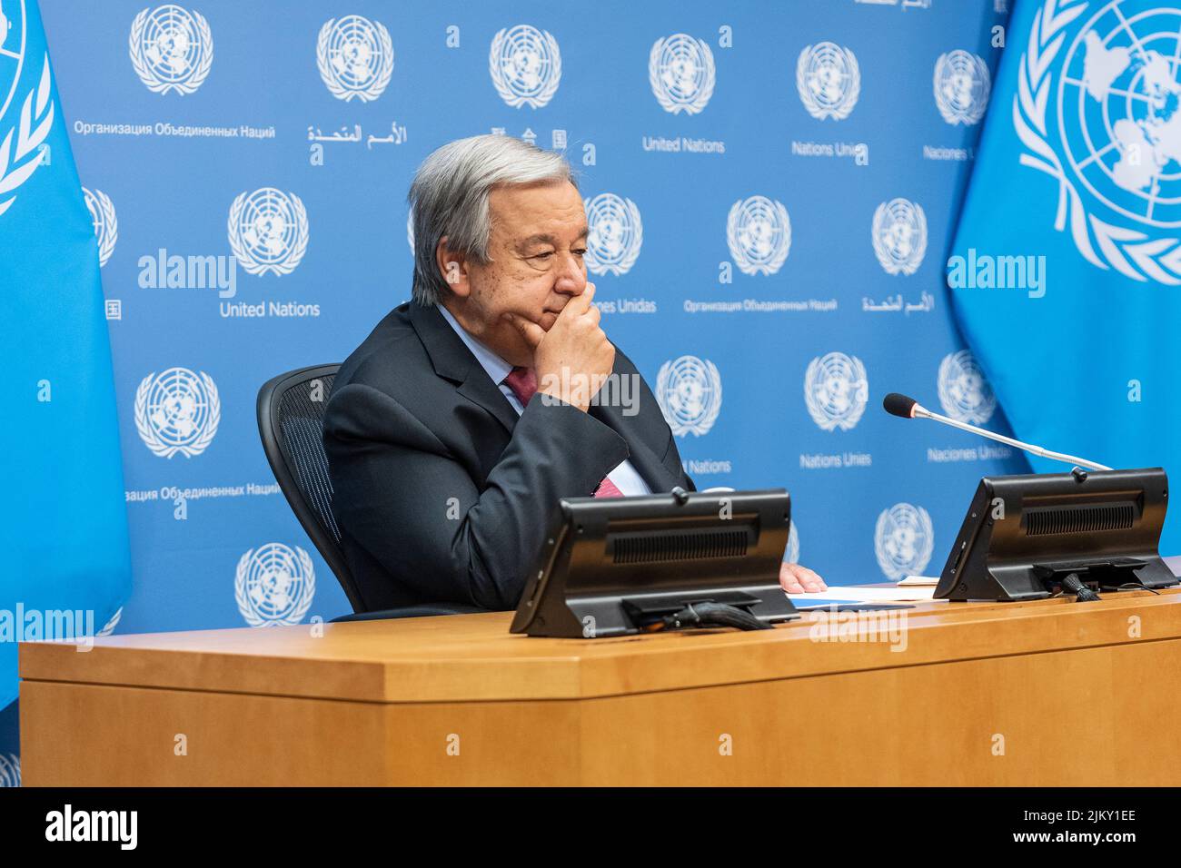 Secretary-General Antonio Guterres conducts a press briefing on the launch of the 3rd brief by the GCRG on Food, Energy and Finance at UN Headquarters in New York on August 3, 2022. Report by Global Crisis Response Group and Rebeca Grynspan who joined virtually from Geneva highlighted global insecurity on shortage of food, energy and finance after COVID-19 pandemic and exacerbated by war Russia is waging on Ukraine. Secretary-General and Ms. Grynspan urged all countries to conserve energy, invest more into renewable energy sources, tax excessive profits by oil and gas companies and distribute Stock Photo