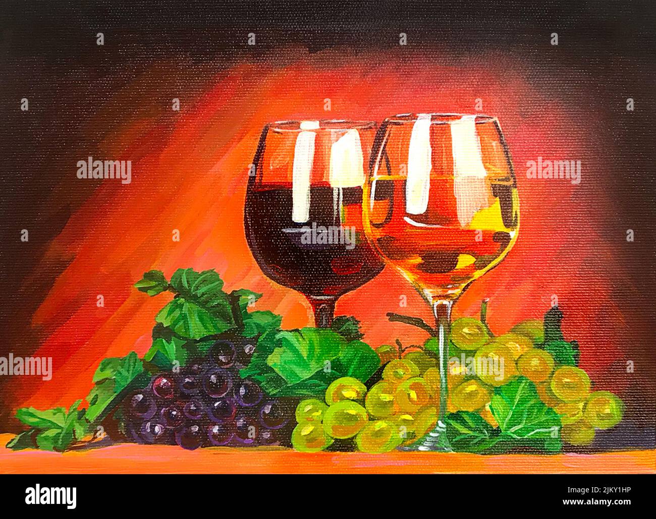 An oil painting depicting a still life of red and white wine glasses