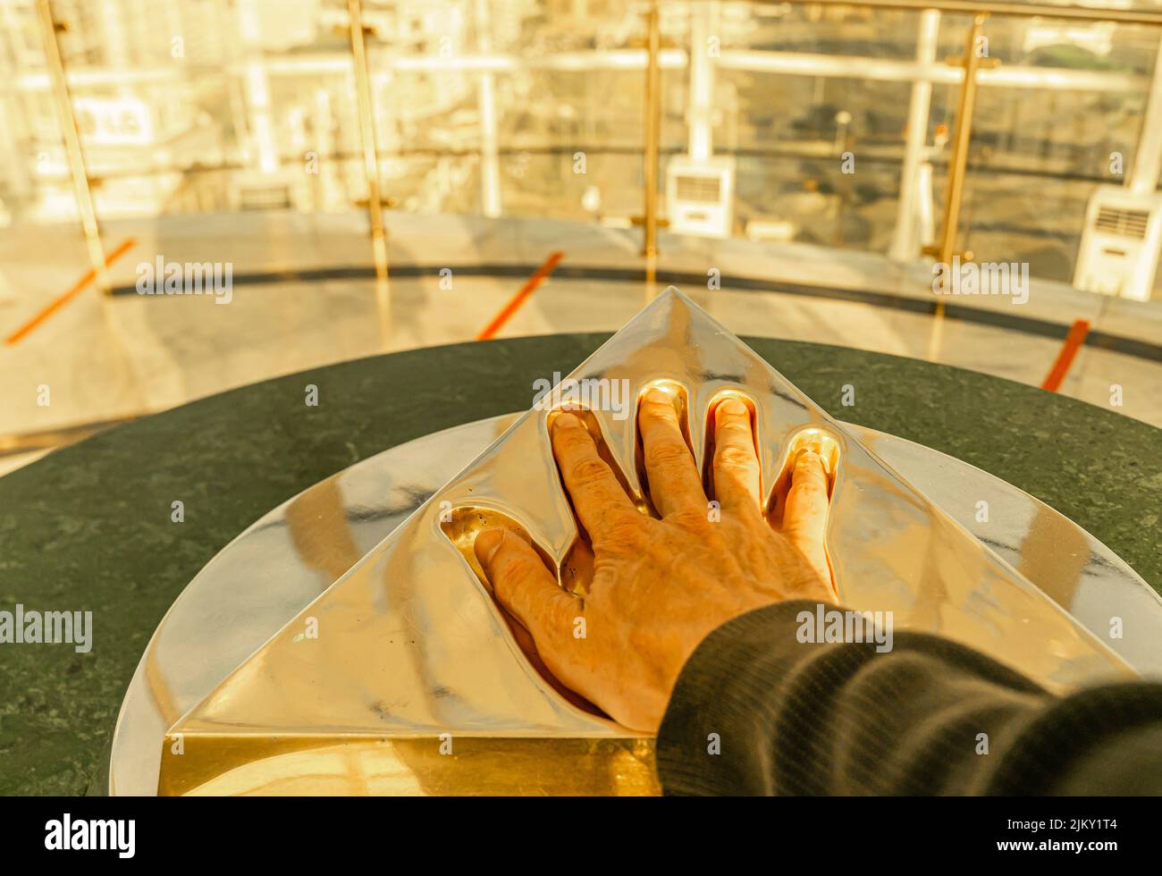A gilded hand print of the right hand of Nursultan Nazarbayev, the first President of independent Kazakhstan. Bayterek Tower, Nur-Sultan, Qazaqstan Stock Photo