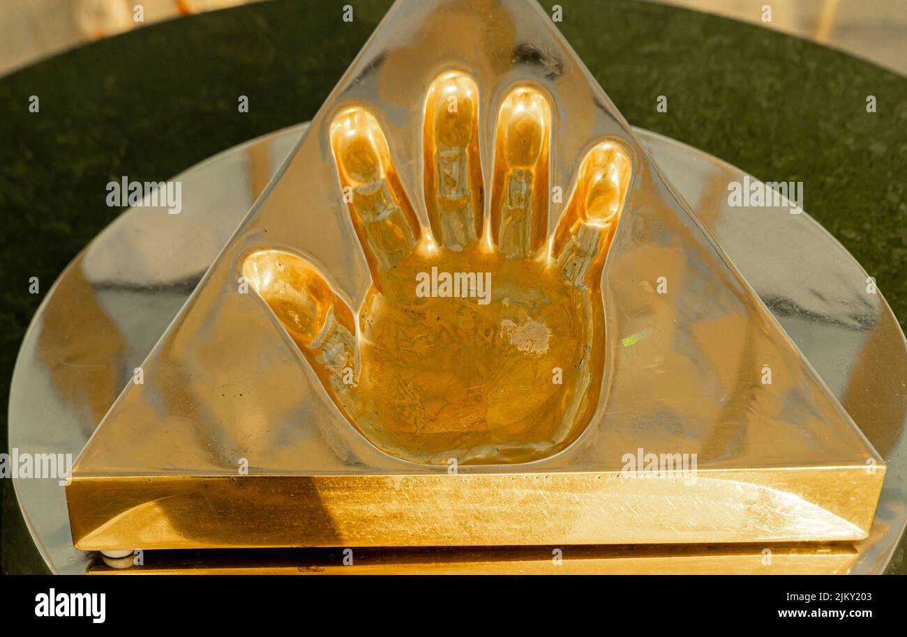 A gilded hand print of the right hand of Nursultan Nazarbayev, the first President of independent Kazakhstan. Bayterek Tower, Nur-Sultan, Qazaqstan Stock Photo