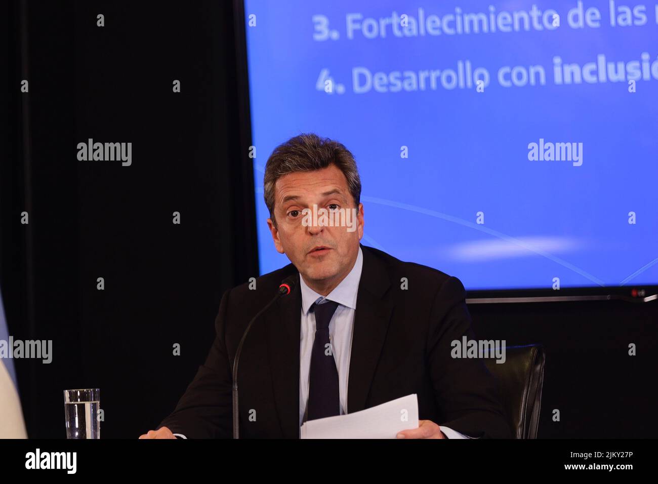 Buenos Aires, Argentina, 3rd August 2022. The new Minister of Economy, Productive Development and Agriculture, Sergio Massa, at a press conference after being sworn in at Government House. (Credit: Esteban Osorio/Alamy Live News) Stock Photo