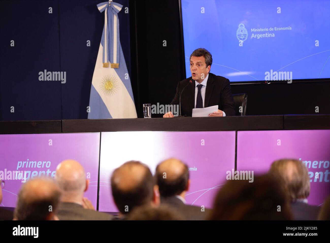 Buenos Aires, Argentina, 3rd August 2022. The new Minister of Economy, Productive Development and Agriculture, Sergio Massa, at a press conference after being sworn in at Government House. (Credit: Esteban Osorio/Alamy Live News) Stock Photo