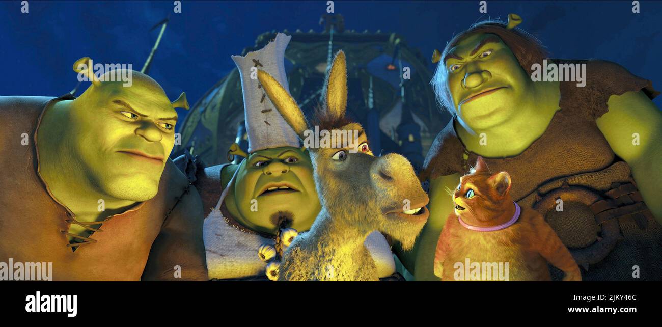 SHREK, DONKEY, PUSS IN BOOTS, SHREK FOREVER AFTER, 2010 Stock Photo