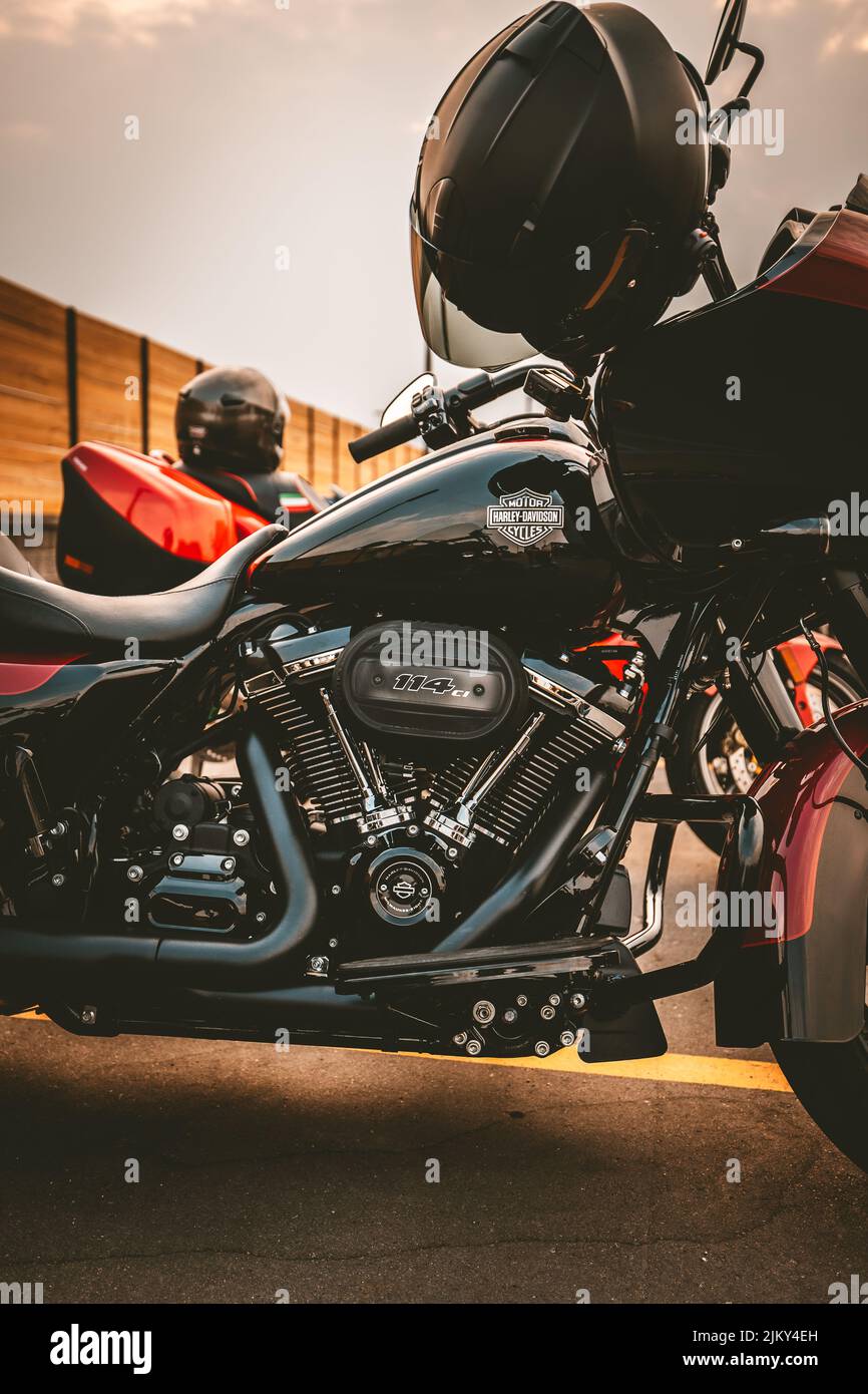 A vertical shot of a Harley Davidson Road Glide Special Touring Motorcycle Stock Photo