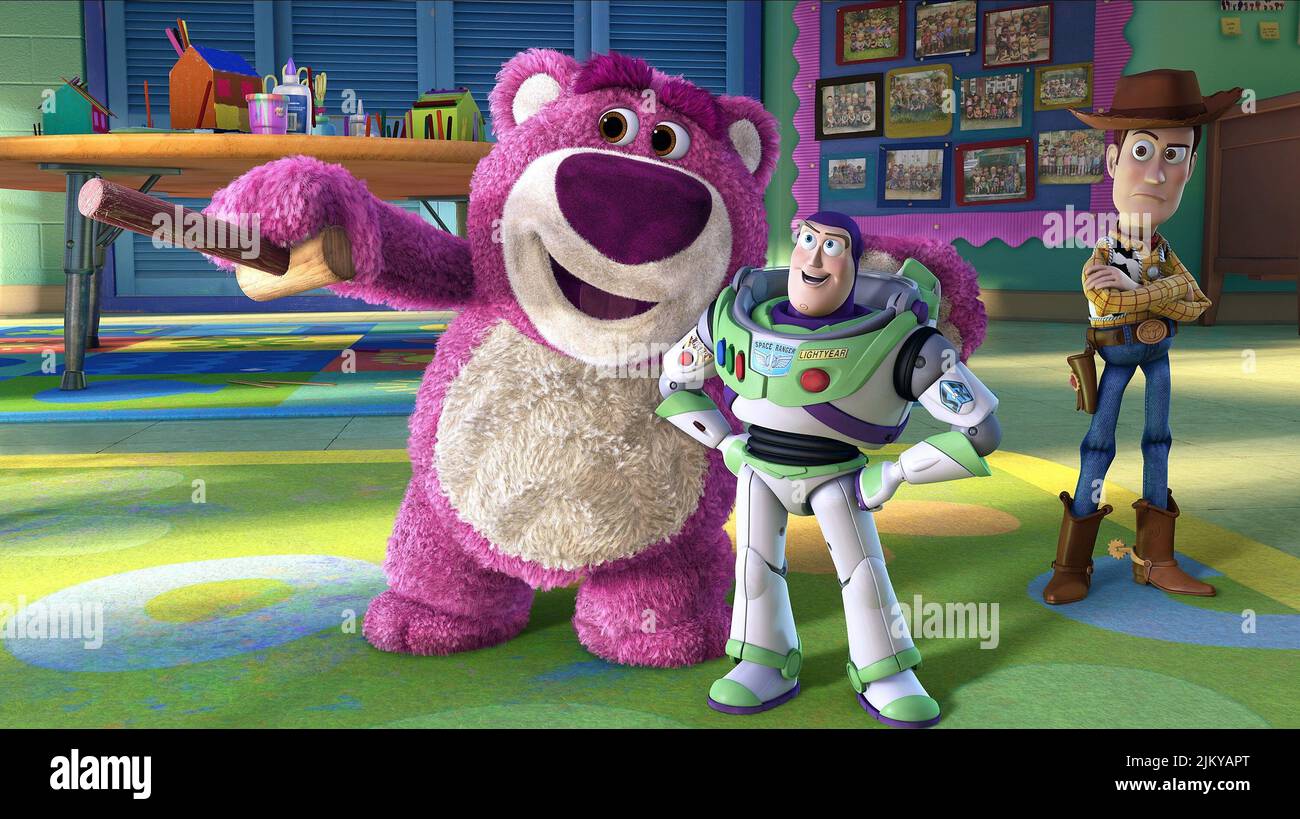 LOTS-O'-HUGGIN' BEAR, BUZZ LIGHTYEAR, WOODY, TOY STORY 3, 2010 Stock Photo