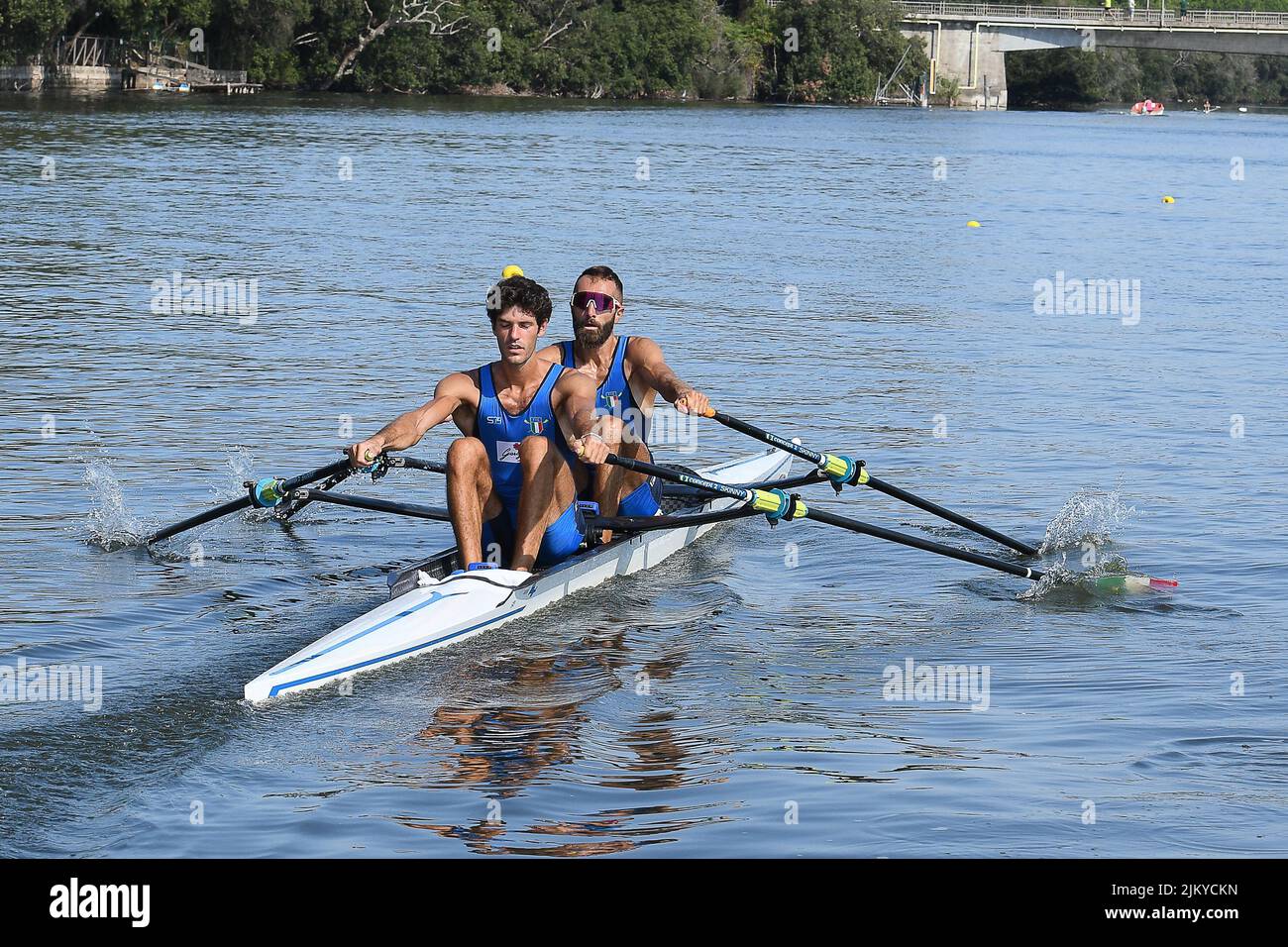 Sabaudia Lake, Lazio, Italy. 3rd Aug, 2022. The Italian National rowing team training at Sabudia Lake, Lazio ahead of the upcoming European championships in Germany: Stefano Oppo, Pietro Willy Ruta Credit: Action Plus Sports/Alamy Live News Stock Photo