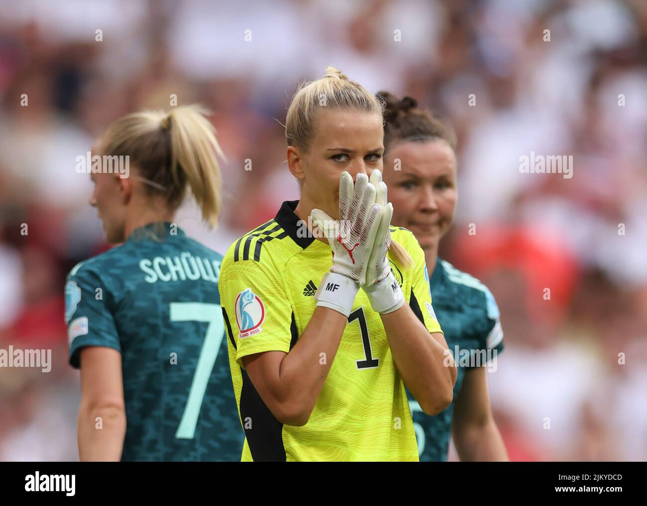 London, England, 31st July 2022. Merle Frohms of Germany reacts during the UEFA Women's European Championship 2022 match at Wembley Stadium, London. Picture credit should read: Jonathan Moscrop / Sportimage Stock Photo