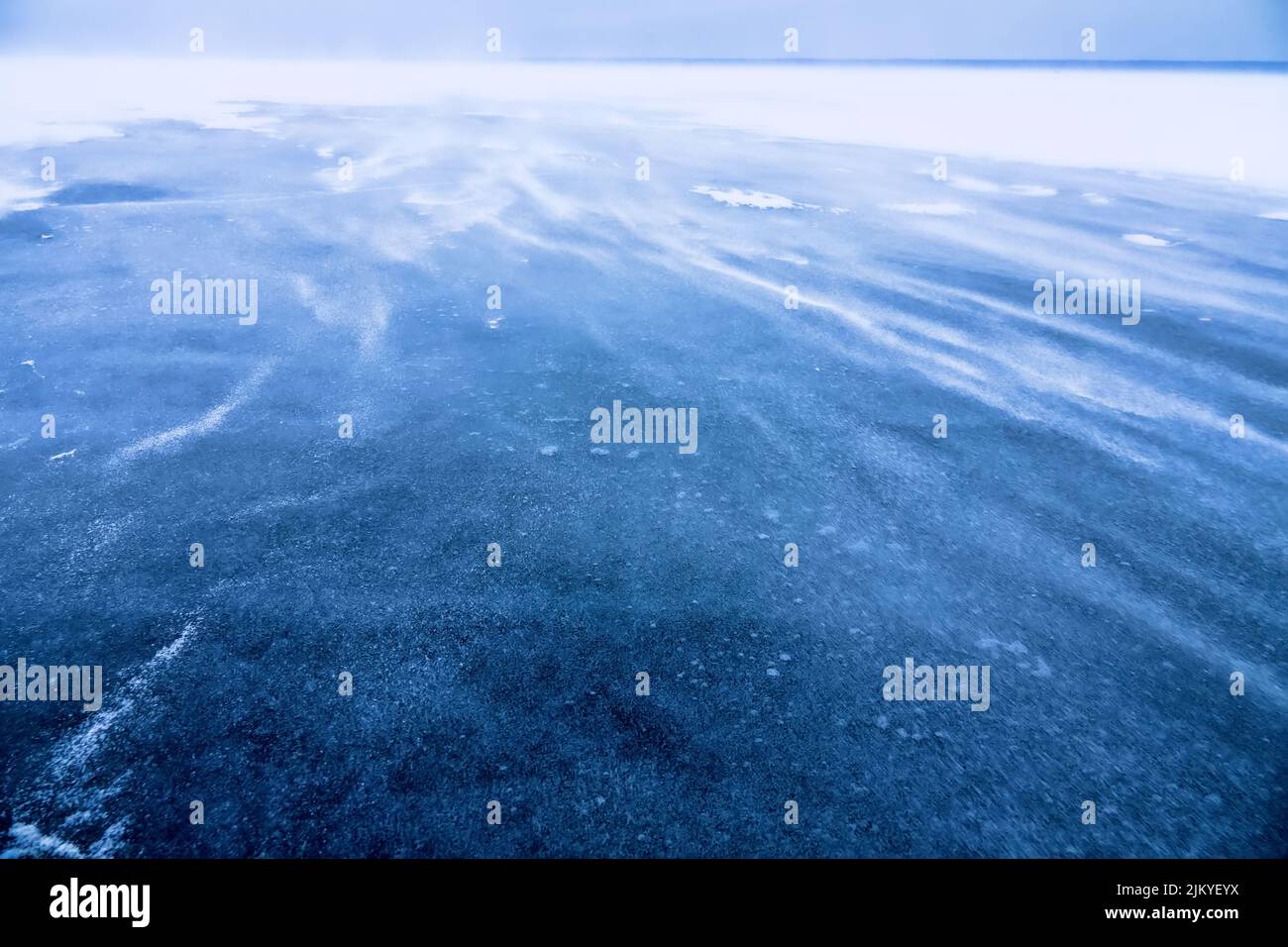 Snowdrift on young sea ice. Ground blizzard with strong winds. Subarctic Stock Photo