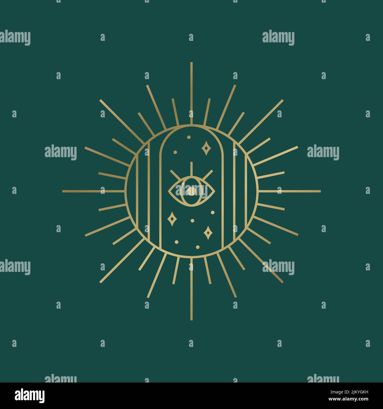 Spiritual boho logo. Sun emblem with stars and eye. Vector design element for magic, esoteric, celestial, astrology, and other themes. Stock Vector
