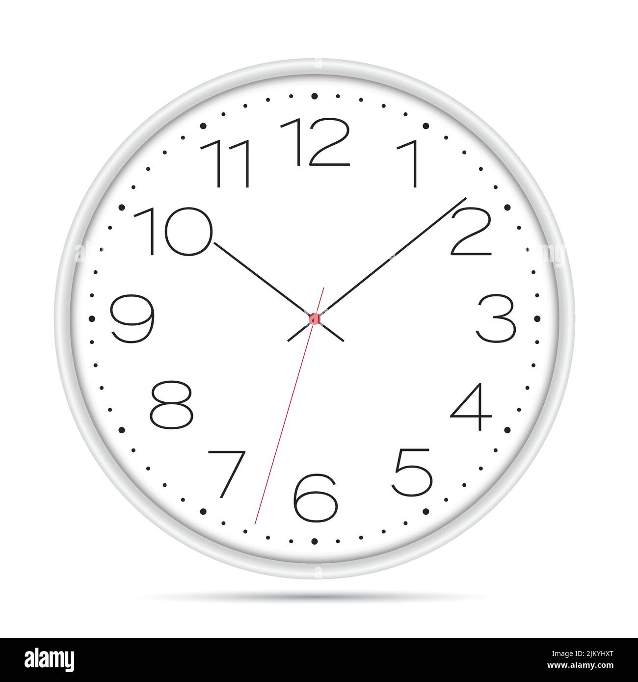 Realistic illustration of a wall clock with a light dial, numbers and a red second hand