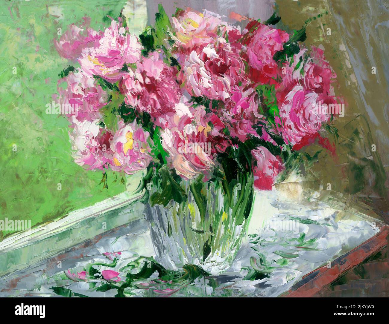 An oil painting depicting still life of pink roses in a vase on the ...