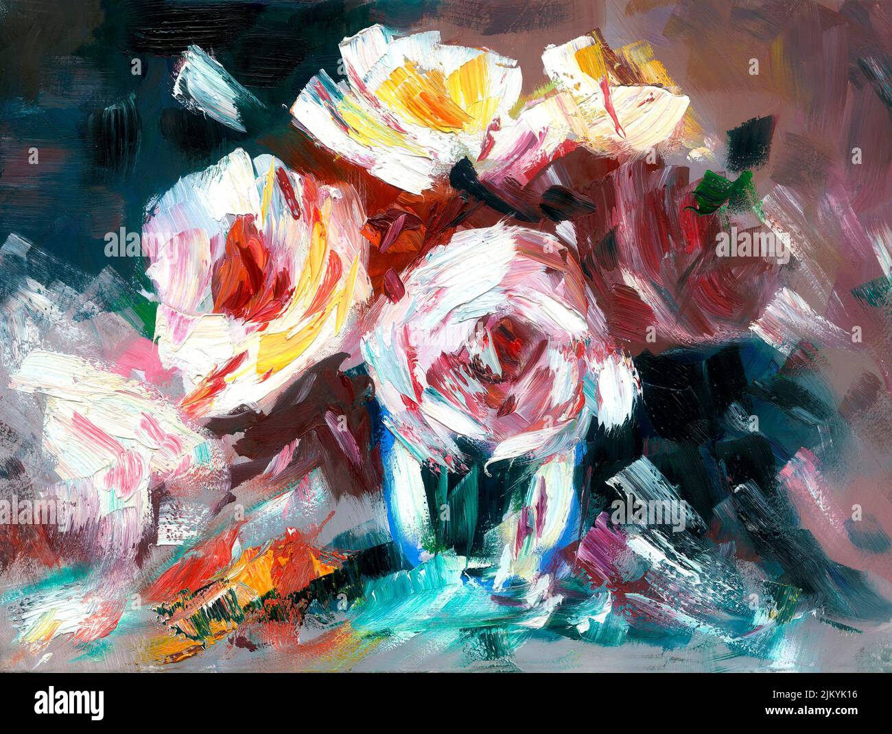 An oil painting depicting still life of roses in a vase Stock Photo - Alamy
