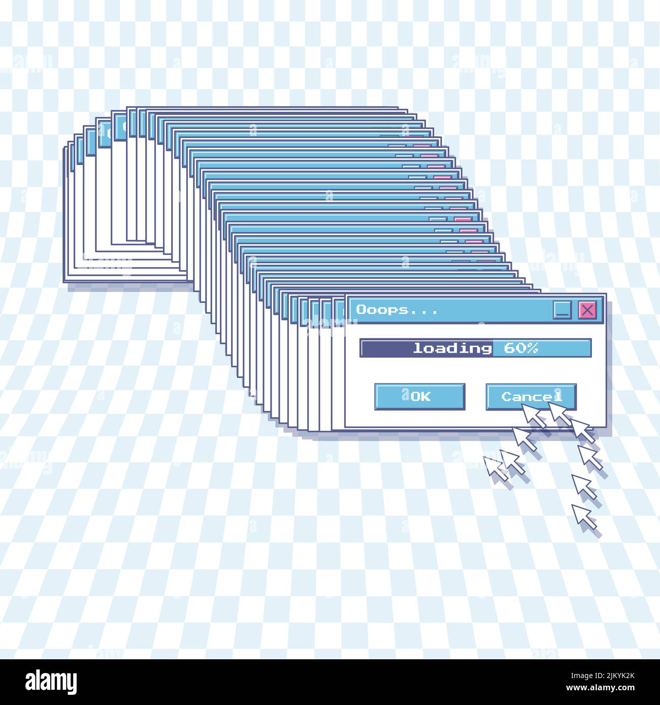 A frozen download window and a frozen computer mouse arrow. Retro screen. Nostalgic y2k aesthetics of the user interface of an old computer. Vector il Stock Vector