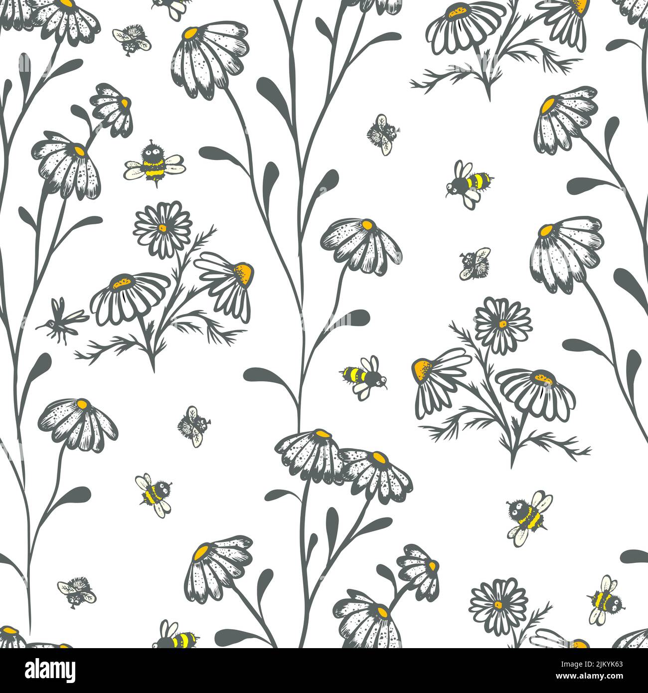 Seamless pattern of chamomile and bees. Vector illustration Stock ...