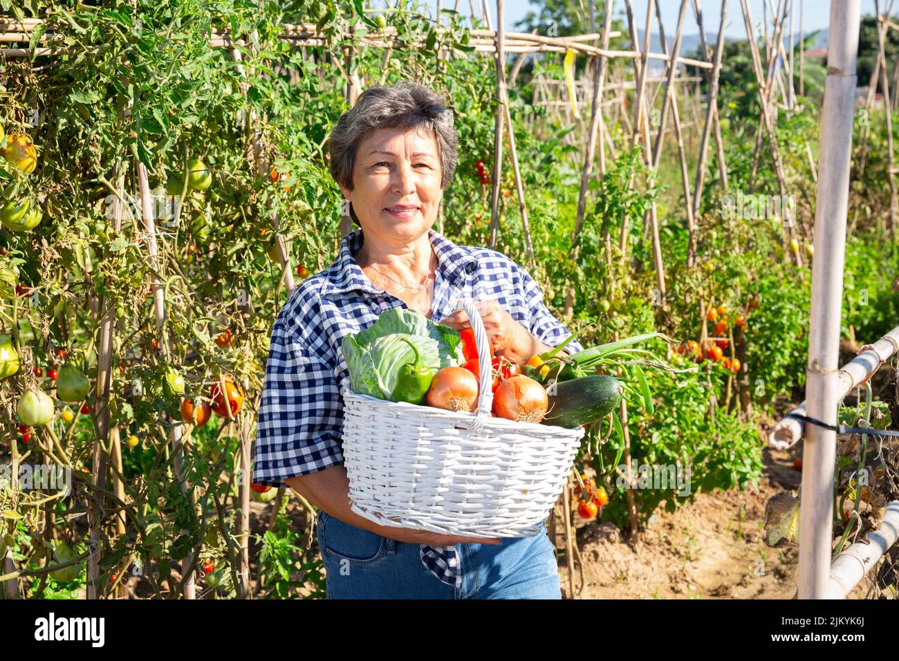 Mature woman posing with harvest of vegetables Stock Photo - Alamy
